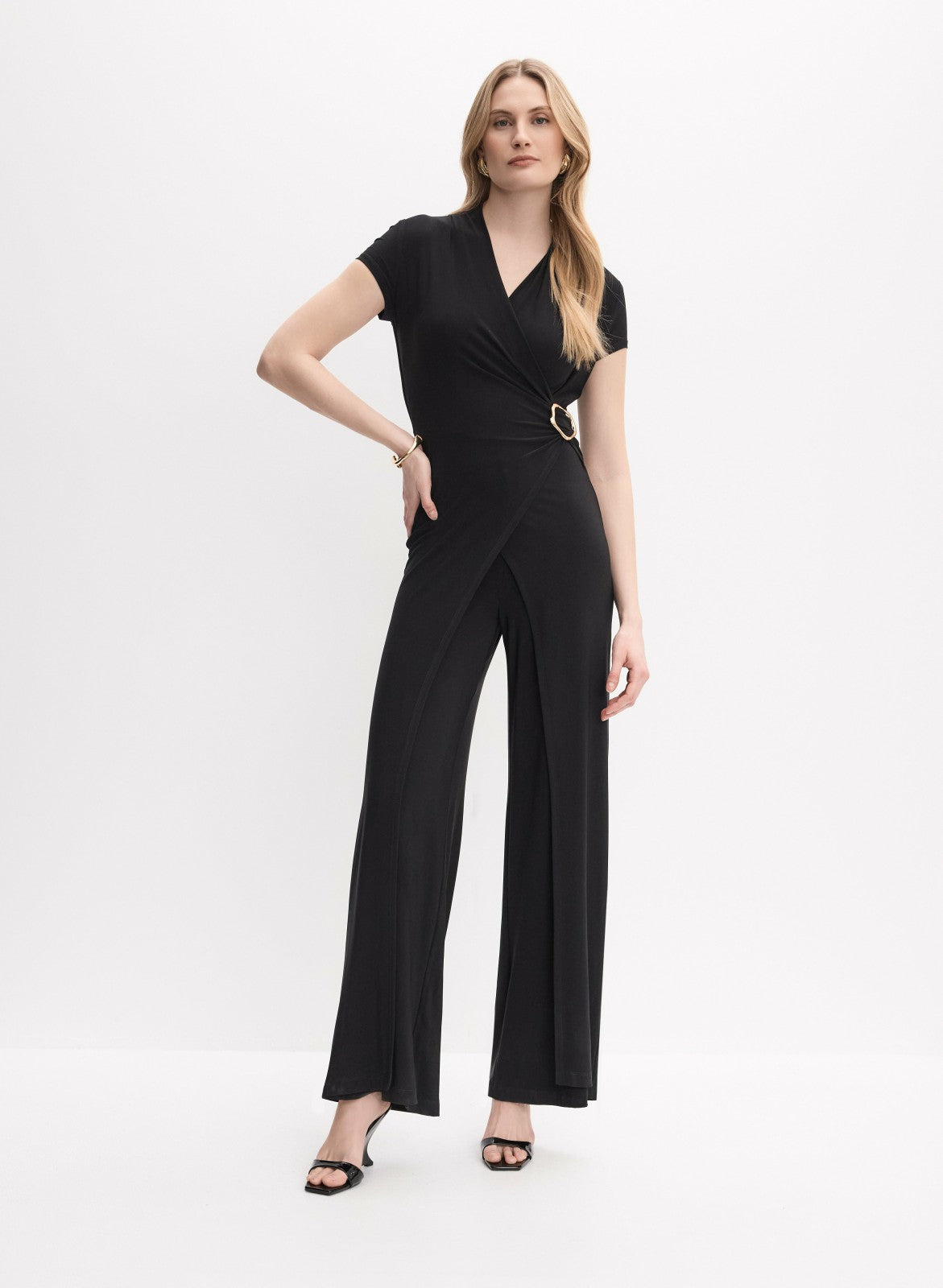 Women Brooch Embellished Wrap-Over Jumpsuit Black | Melanie Lyne