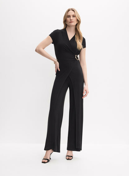 Women Brooch Embellished Wrap-Over Jumpsuit Black | Melanie Lyne