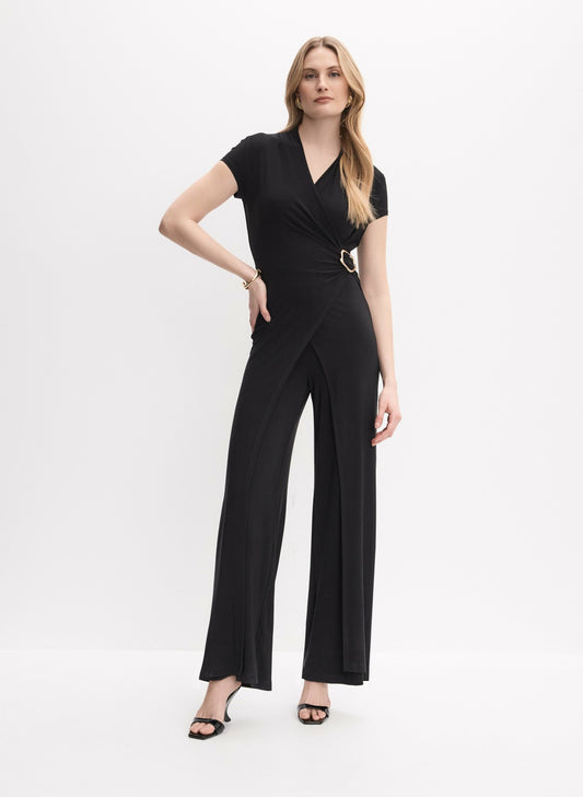 Women Brooch Embellished Wrap-Over Jumpsuit Black | Melanie Lyne