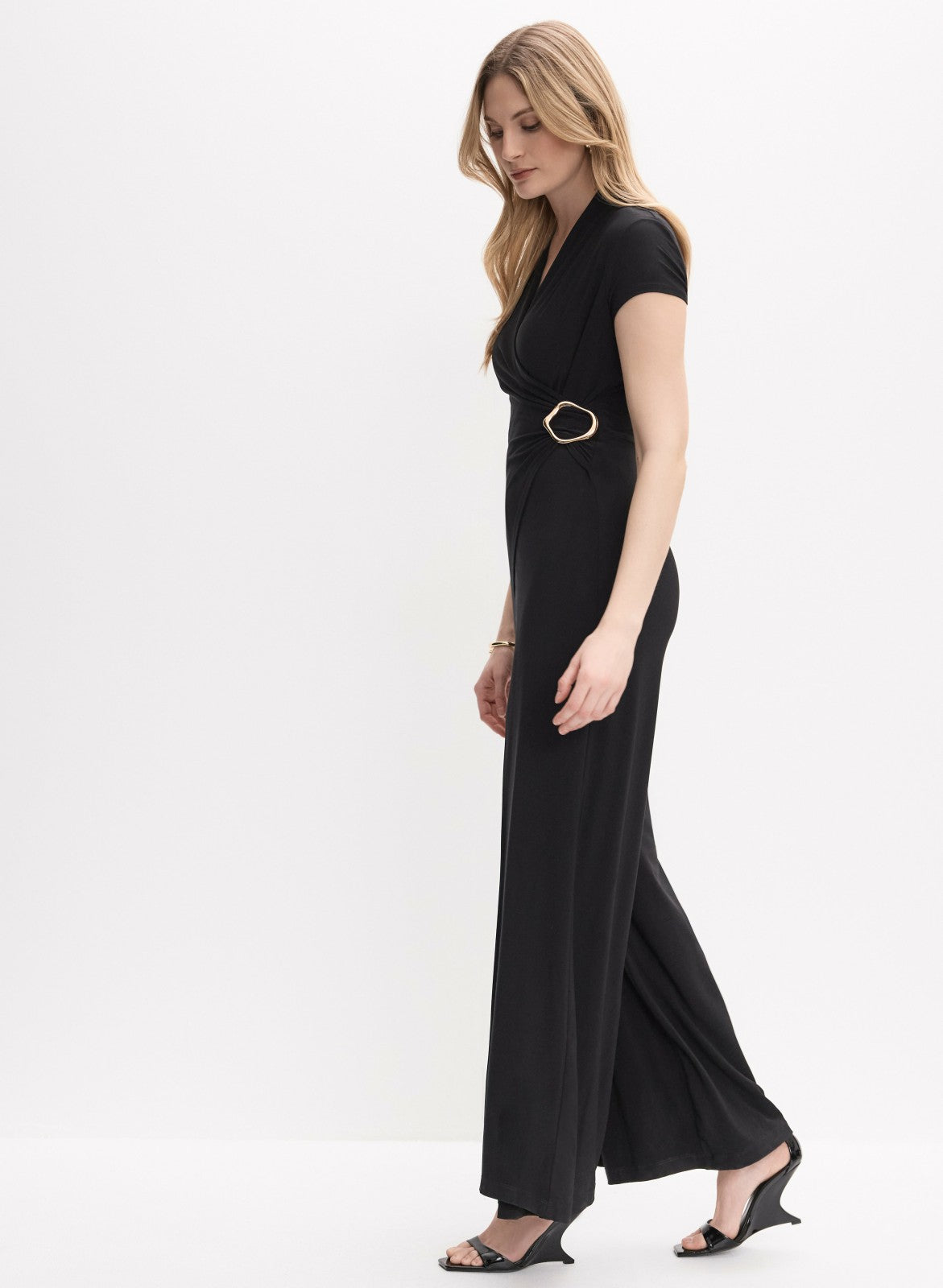 Women Brooch Embellished Wrap-Over Jumpsuit Black | Melanie Lyne