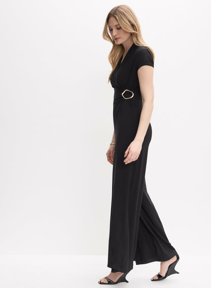 Women Brooch Embellished Wrap-Over Jumpsuit Black | Melanie Lyne