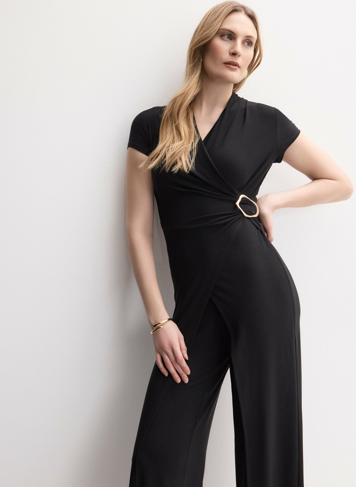 Women Brooch Embellished Wrap-Over Jumpsuit Black | Melanie Lyne