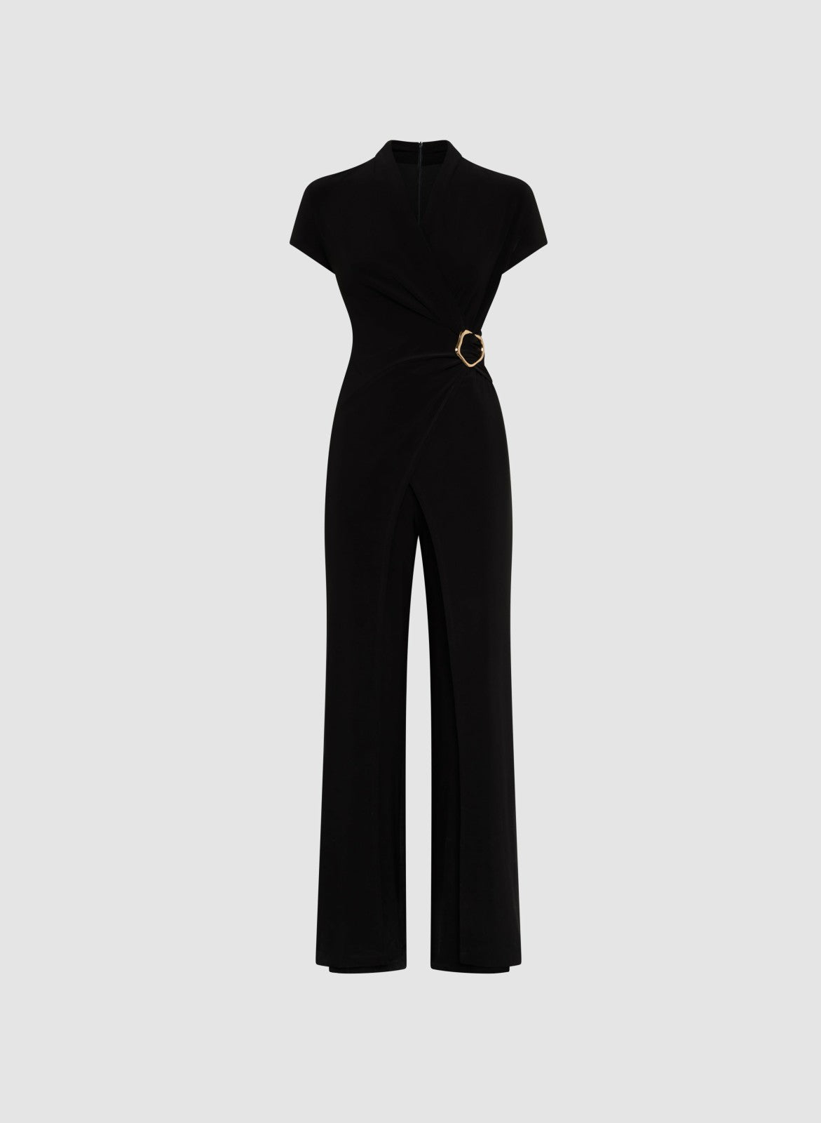 Women Brooch Embellished Wrap-Over Jumpsuit Black | Melanie Lyne