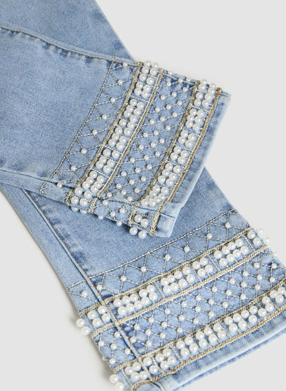 Women Embellished Hem Capris Light Blue | Melanie Lyne