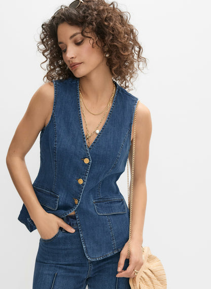 Women Denim Button-Down Vest Medium Blue | Melanie Lyne