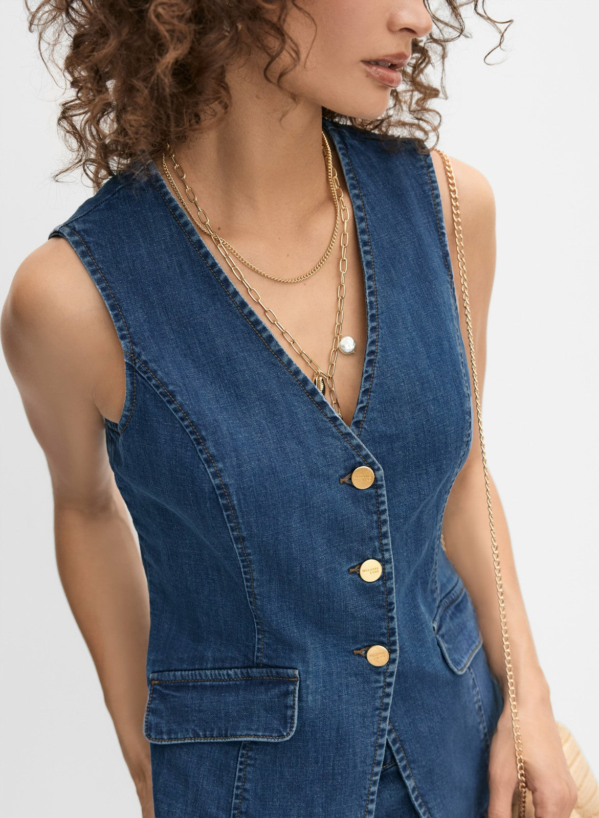 Women Denim Button-Down Vest Medium Blue | Melanie Lyne