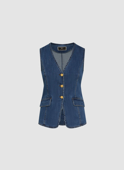 Women Denim Button-Down Vest Medium Blue | Melanie Lyne