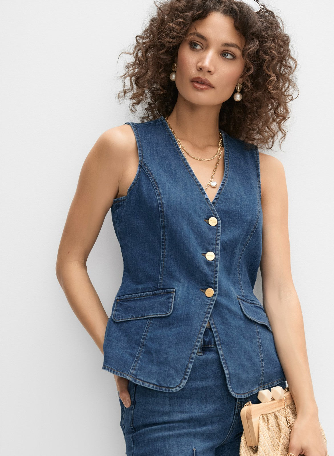 Women Denim Button-Down Vest Medium Blue | Melanie Lyne