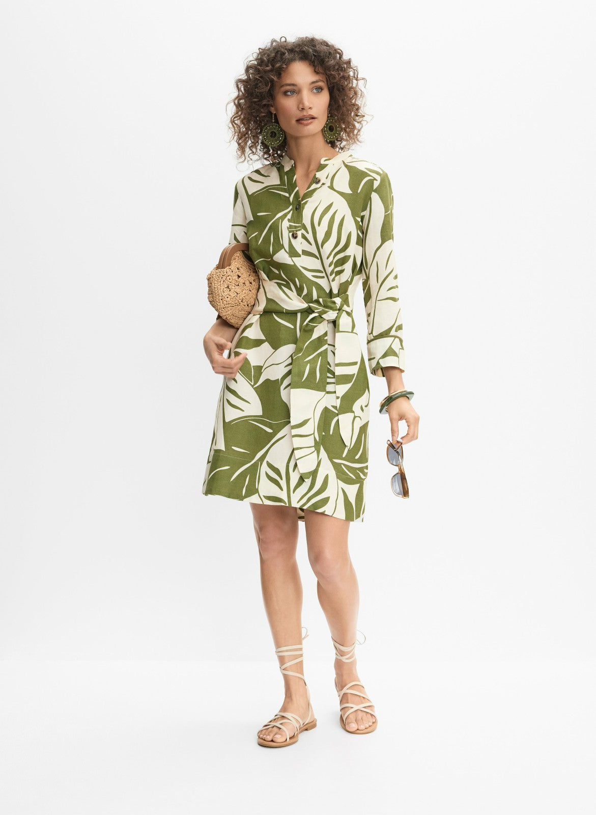 Women Leaf Linen-Blend Dress Green Pattern | Melanie Lyne