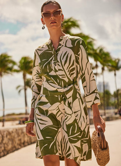 Women Leaf Linen-Blend Dress Green Pattern | Melanie Lyne