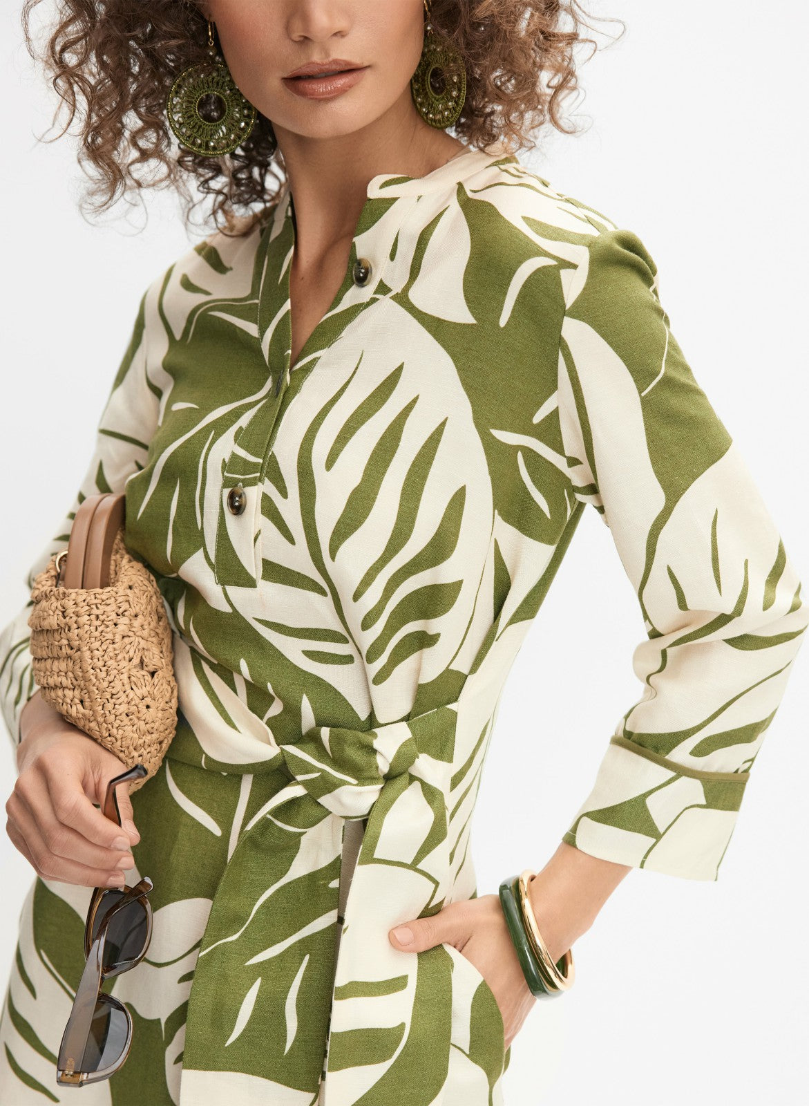 Women Leaf Linen-Blend Dress Green Pattern | Melanie Lyne