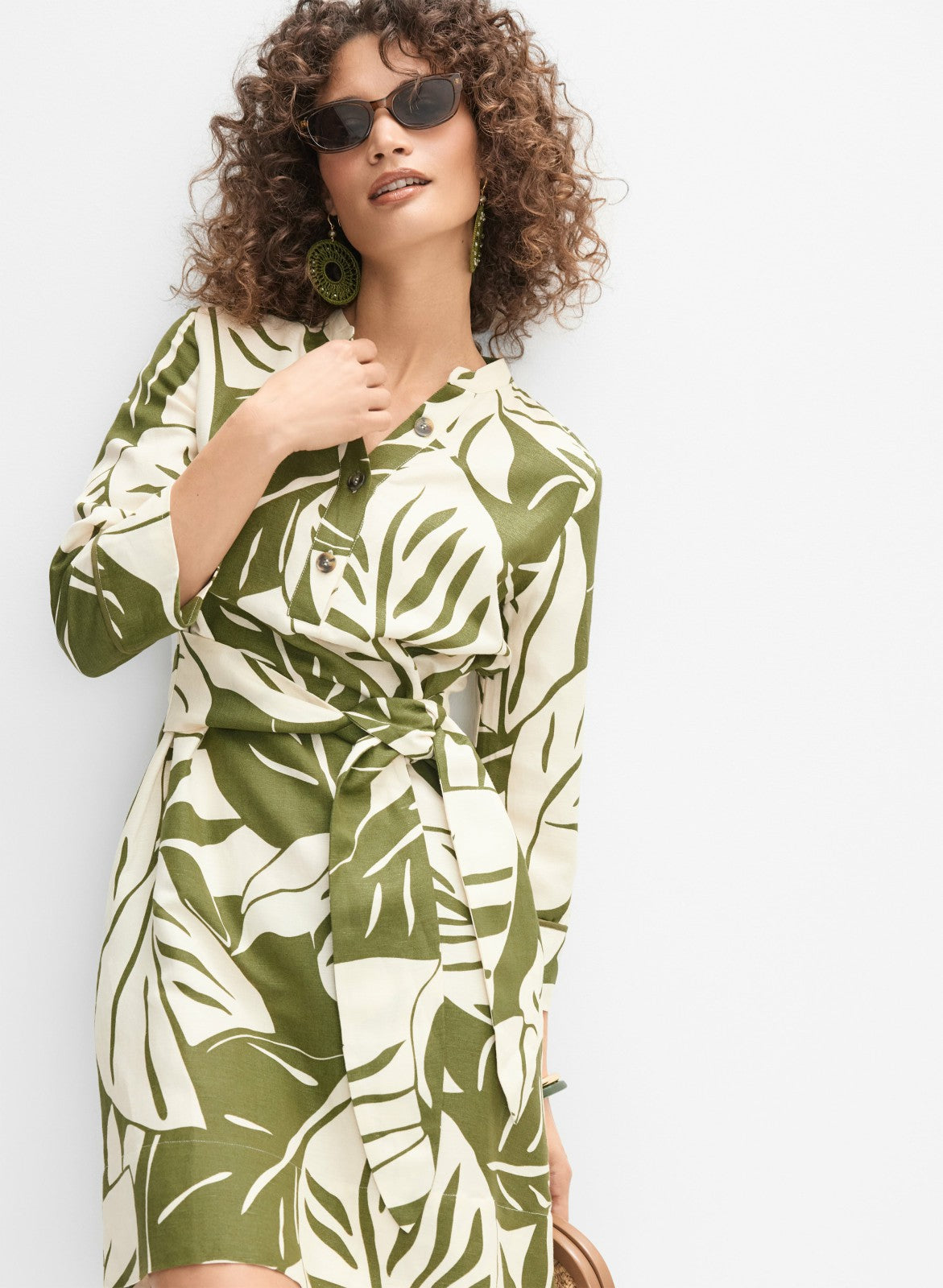 Women Leaf Linen-Blend Dress Green Pattern | Melanie Lyne
