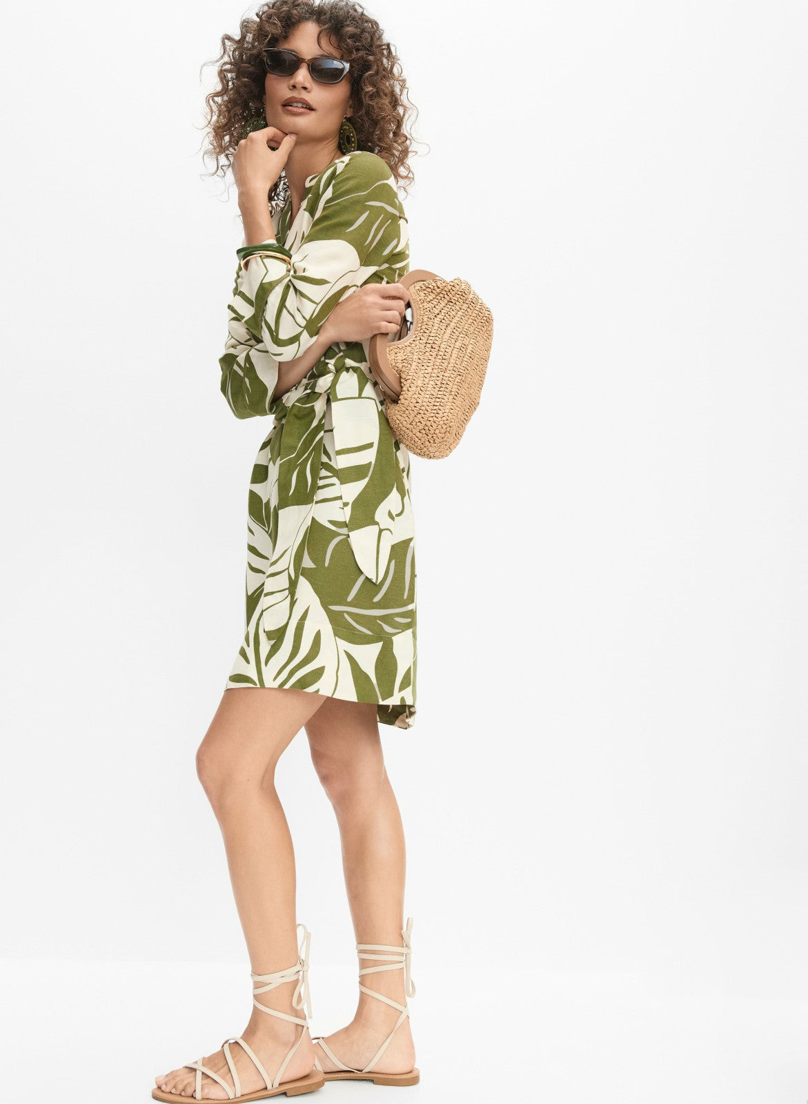 Women Leaf Linen-Blend Dress Green Pattern | Melanie Lyne