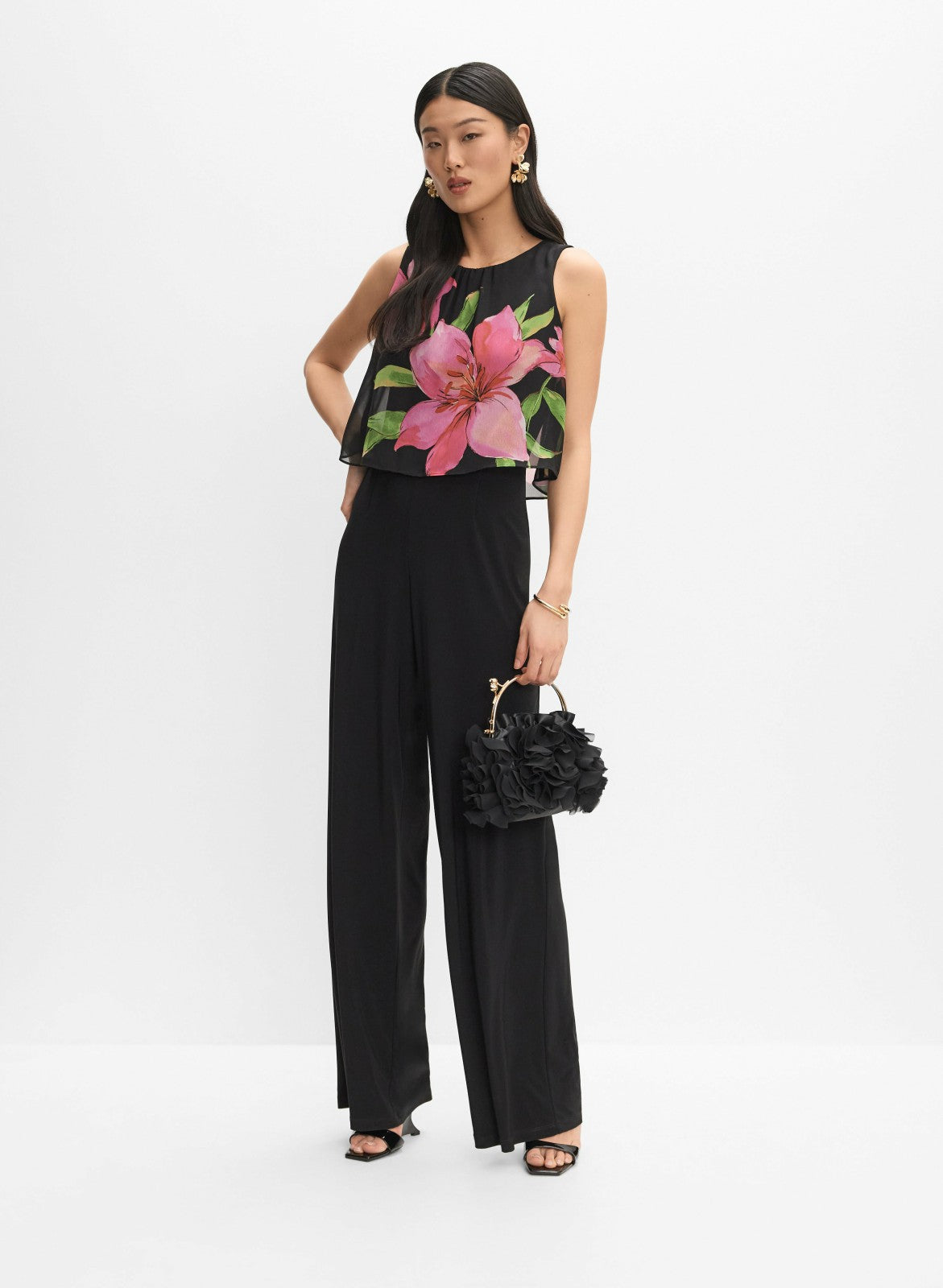 Women Joseph Ribkoff - Floral Chiffon Overlay Jumpsuit Black Pattern | Melanie Lyne