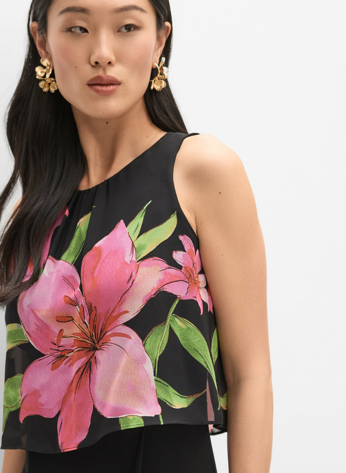 Women Joseph Ribkoff - Floral Chiffon Overlay Jumpsuit Black Pattern | Melanie Lyne