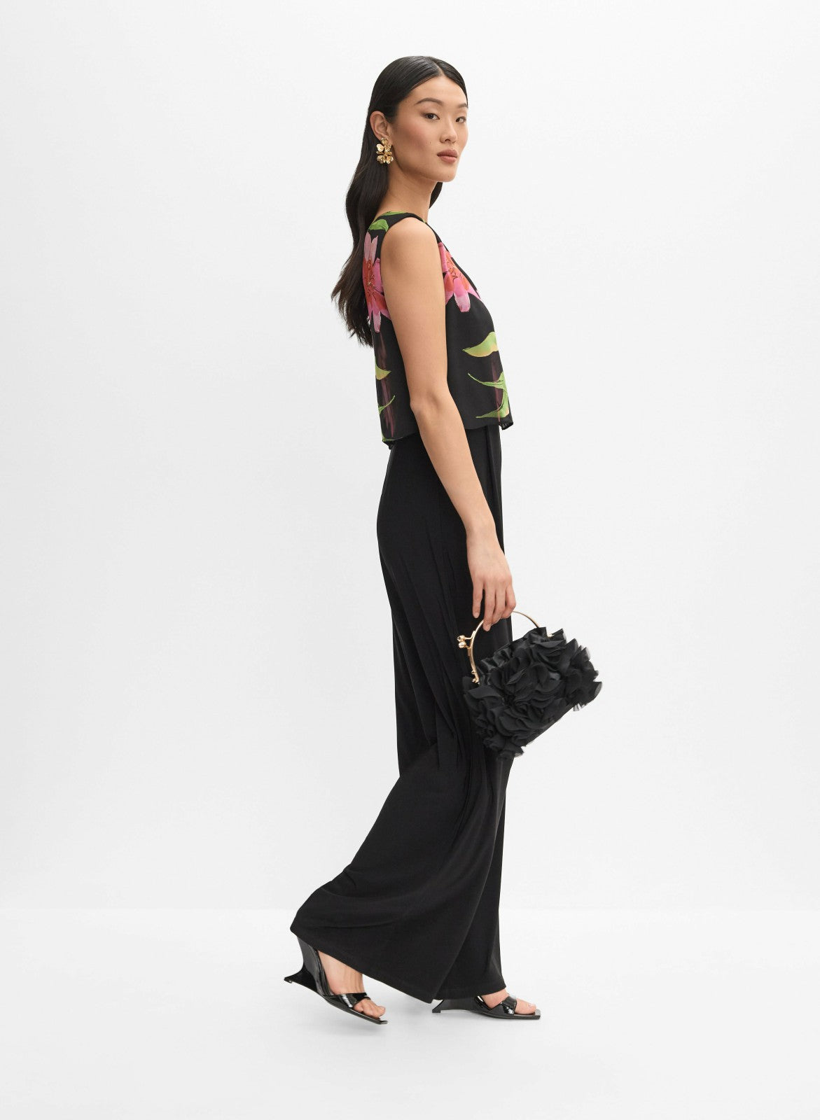Women Joseph Ribkoff - Floral Chiffon Overlay Jumpsuit Black Pattern | Melanie Lyne
