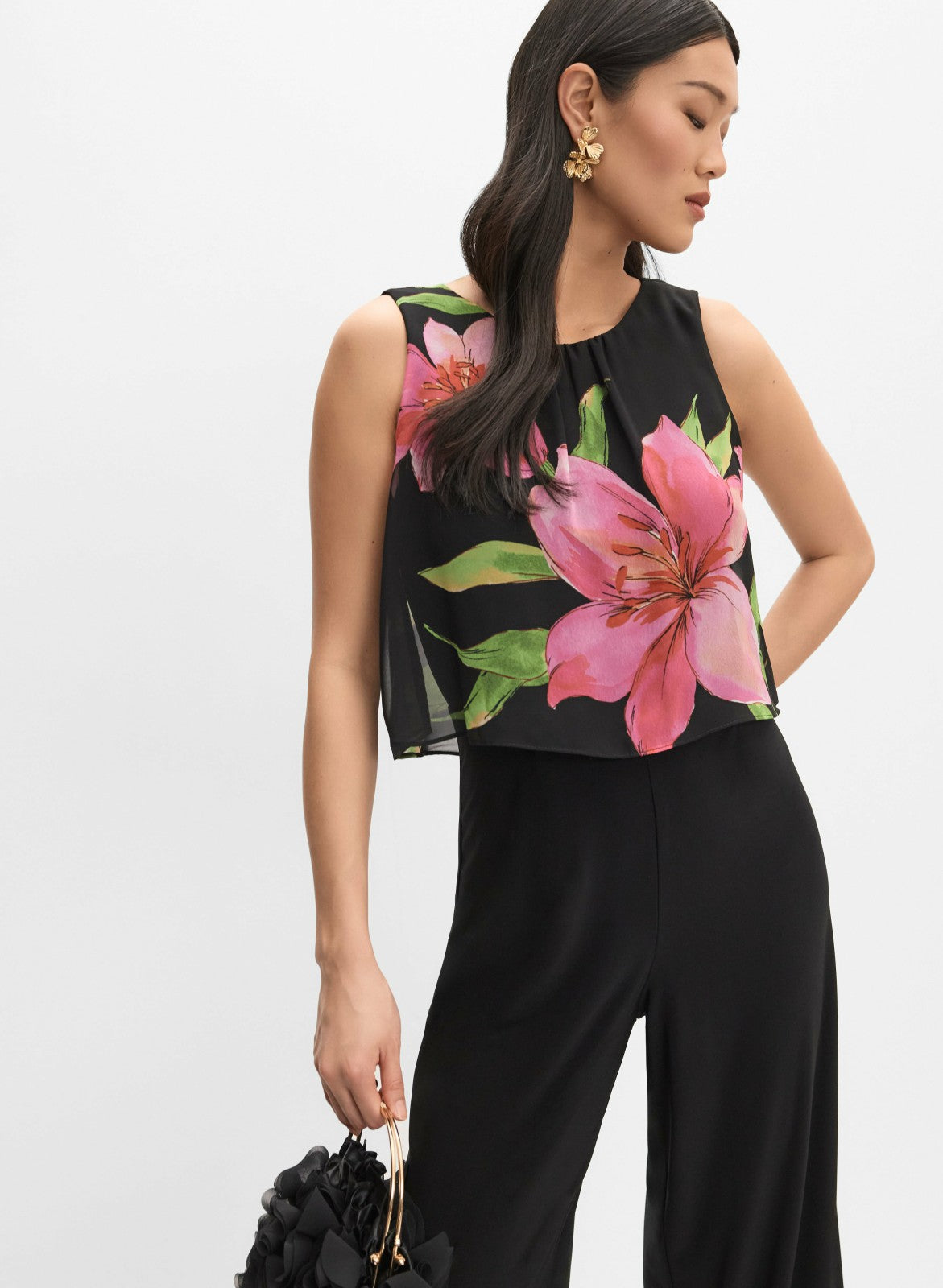 Women Joseph Ribkoff - Floral Chiffon Overlay Jumpsuit Black Pattern | Melanie Lyne