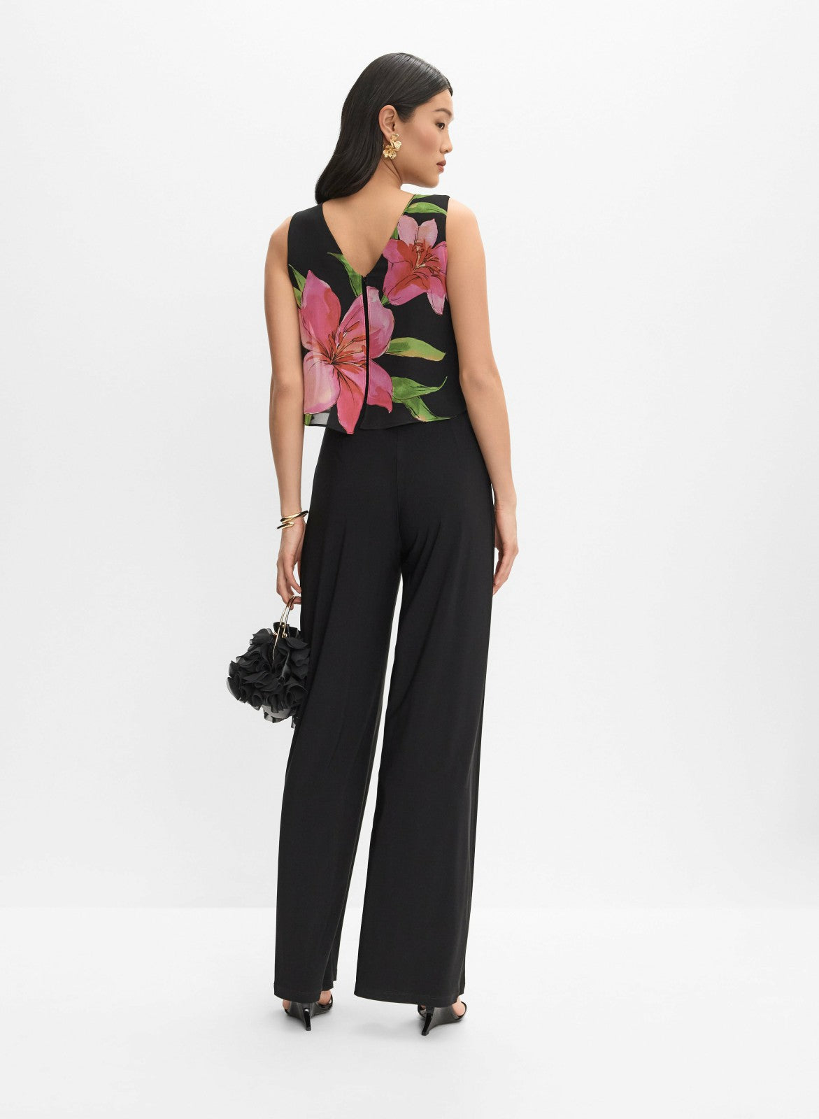 Women Joseph Ribkoff - Floral Chiffon Overlay Jumpsuit Black Pattern | Melanie Lyne