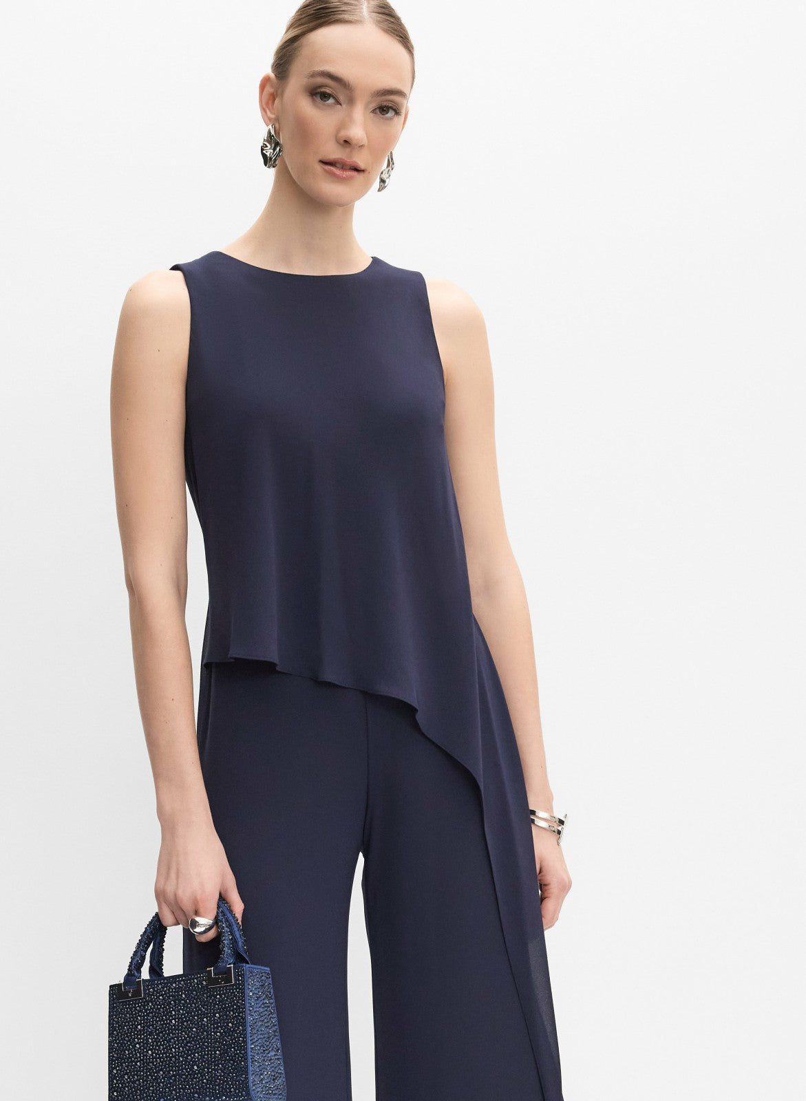 Women Asymmetric Chiffon Jumpsuit Navy Blue | Melanie Lyne
