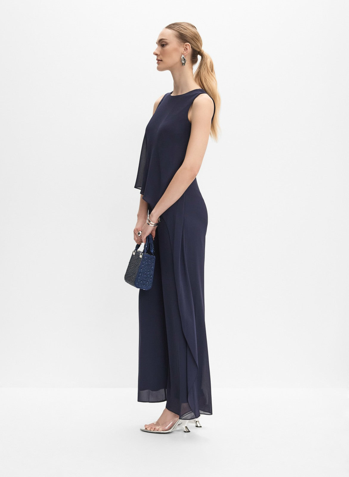 Women Asymmetric Chiffon Jumpsuit Navy Blue | Melanie Lyne
