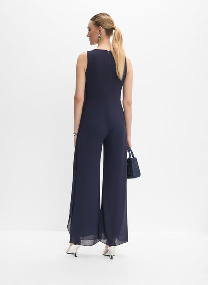 Women Asymmetric Chiffon Jumpsuit Navy Blue | Melanie Lyne