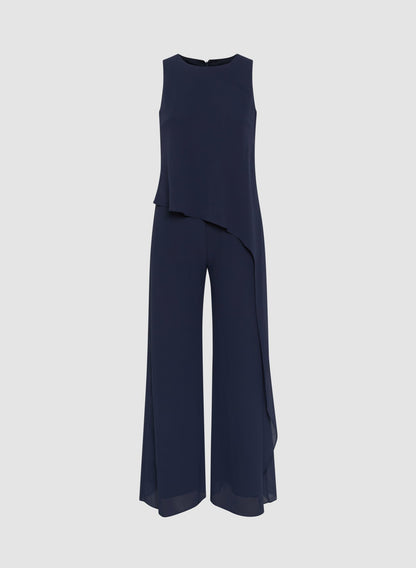 Women Asymmetric Chiffon Jumpsuit Navy Blue | Melanie Lyne