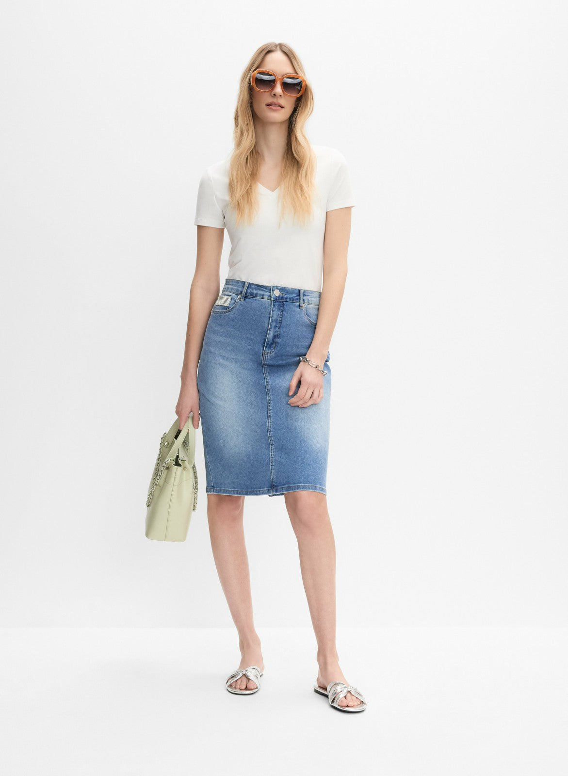 Women Embellished Denim Pencil Skirt Light Blue | Melanie Lyne