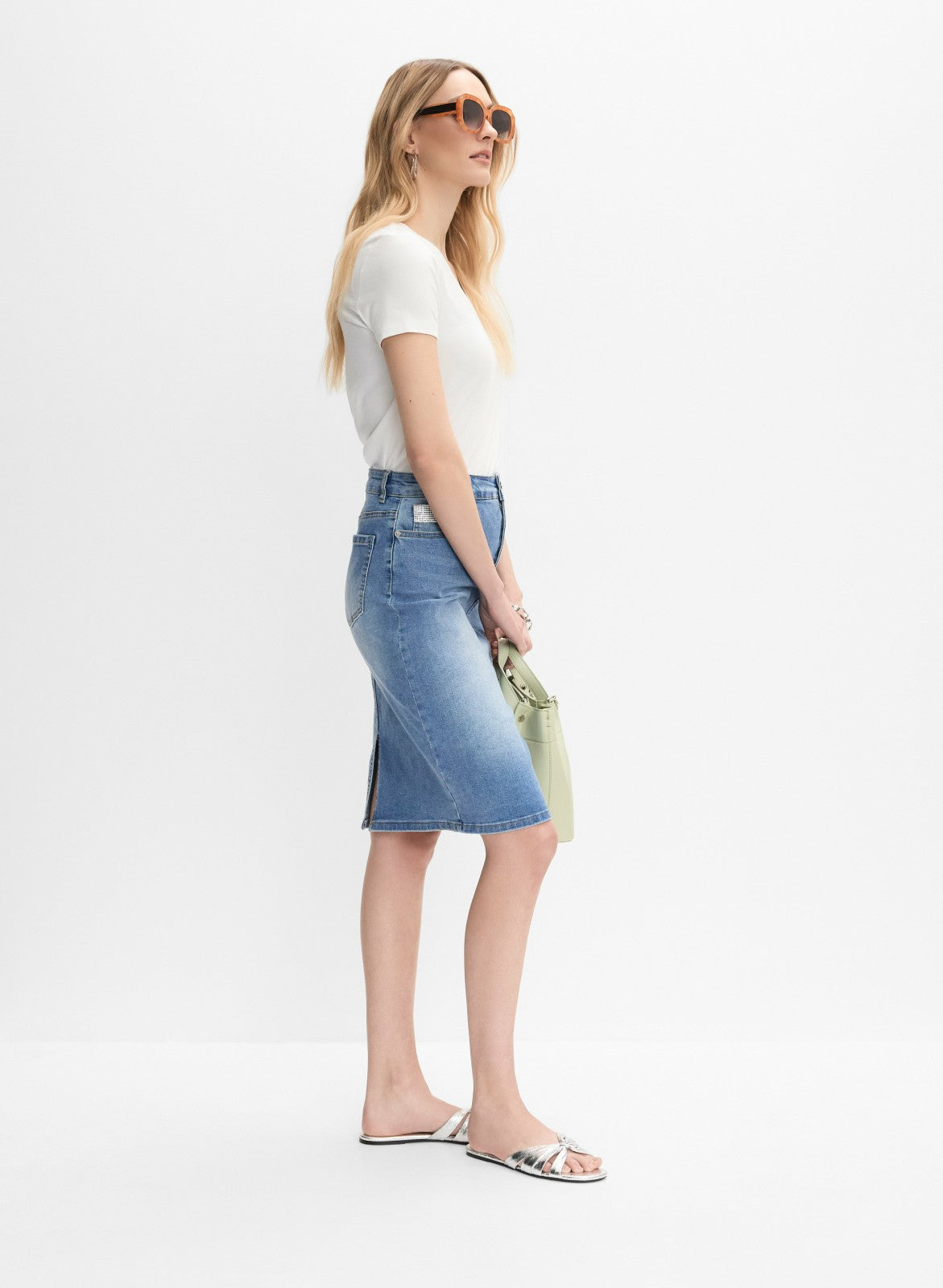 Women Embellished Denim Pencil Skirt Light Blue | Melanie Lyne