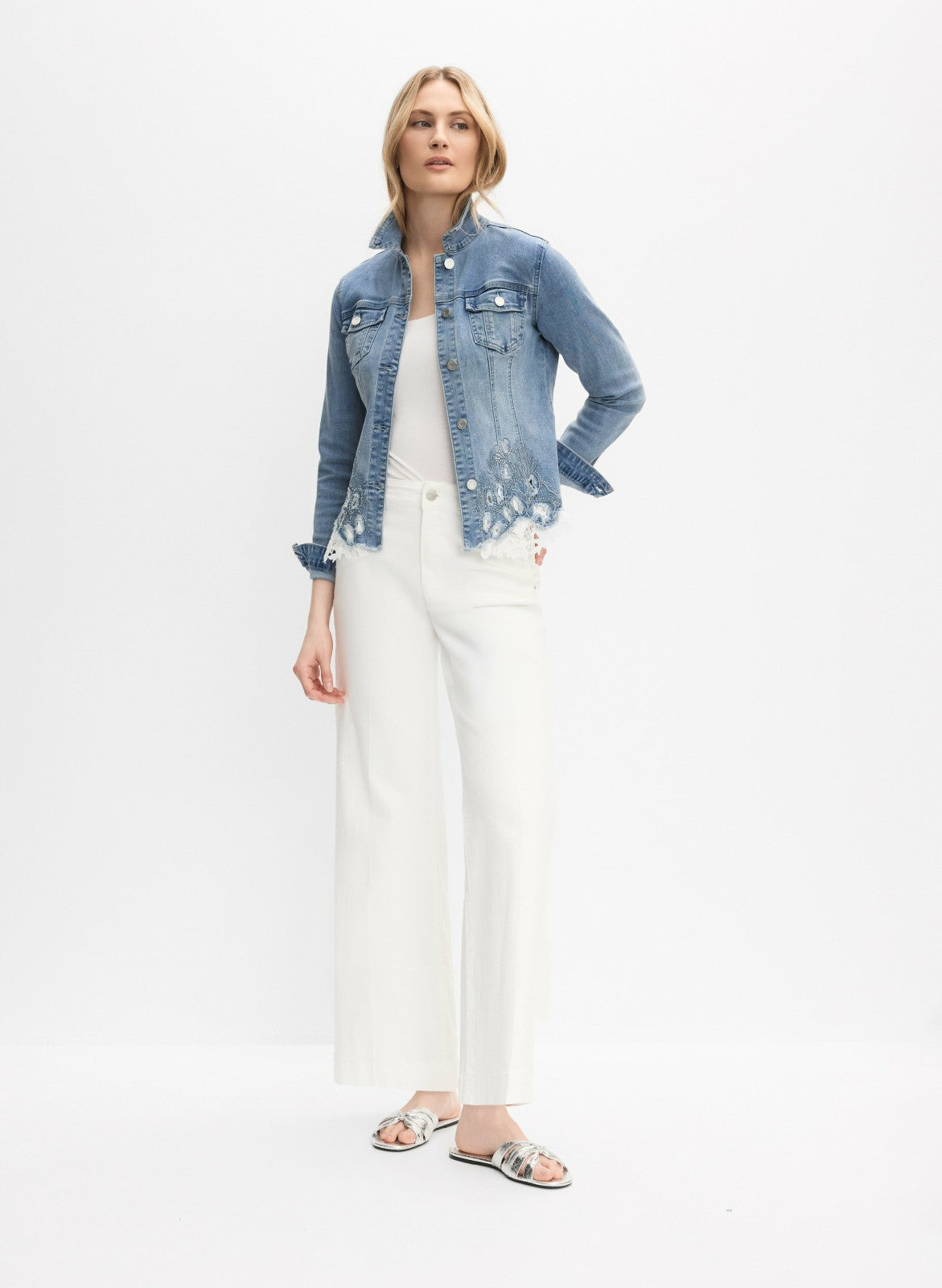 Women Joseph Ribkoff - Lace Insert Denim Jacket Light Blue | Melanie Lyne
