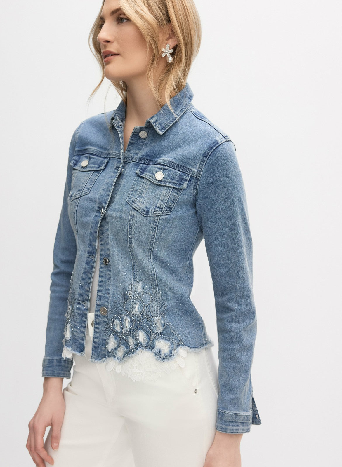 Women Joseph Ribkoff - Lace Insert Denim Jacket Light Blue | Melanie Lyne