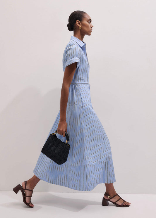 ME+EM Blue Drawstring Waist Zip Neck Maxi Shirt Dress