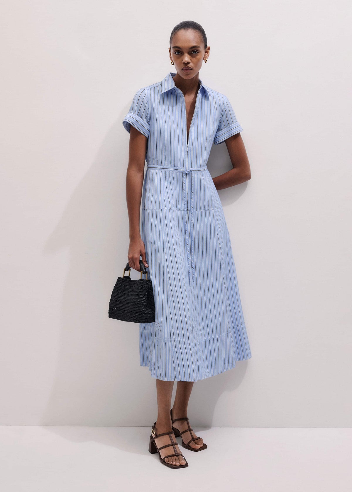 ME+EM Blue Drawstring Waist Zip Neck Maxi Shirt Dress