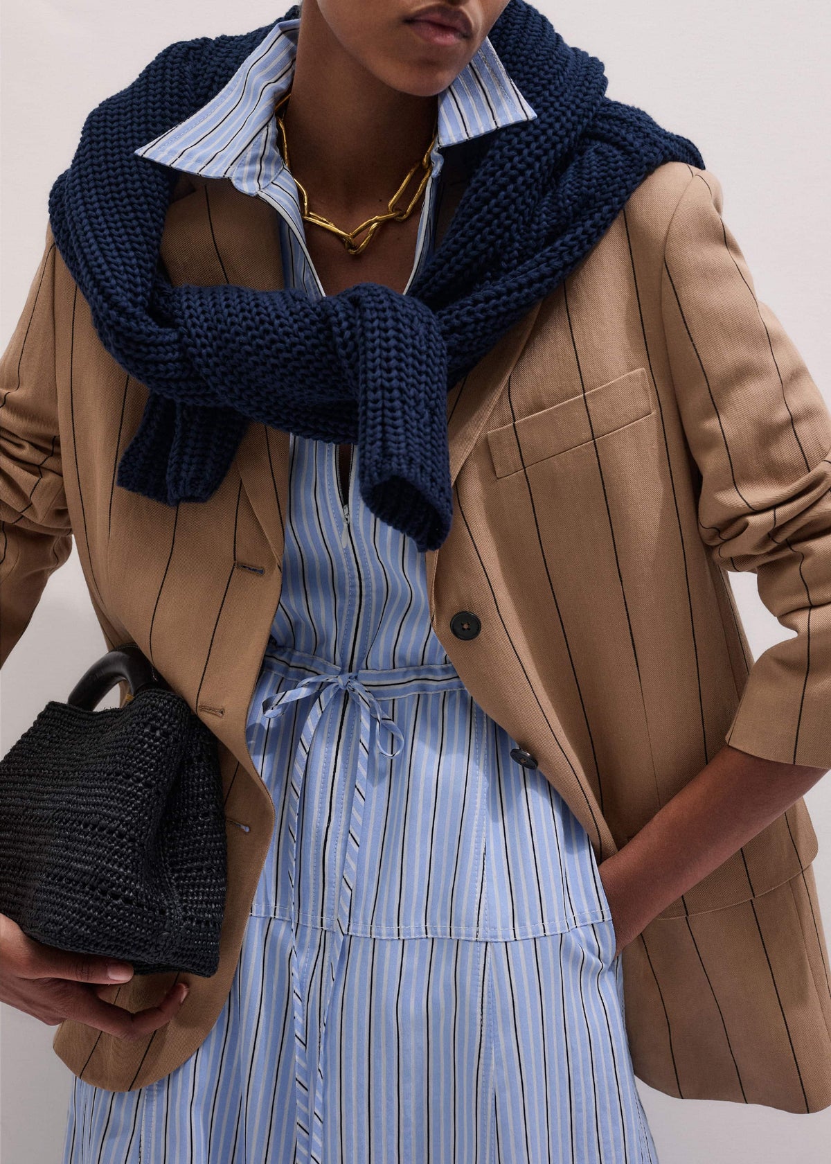 ME+EM Blue Drawstring Waist Zip Neck Maxi Shirt Dress