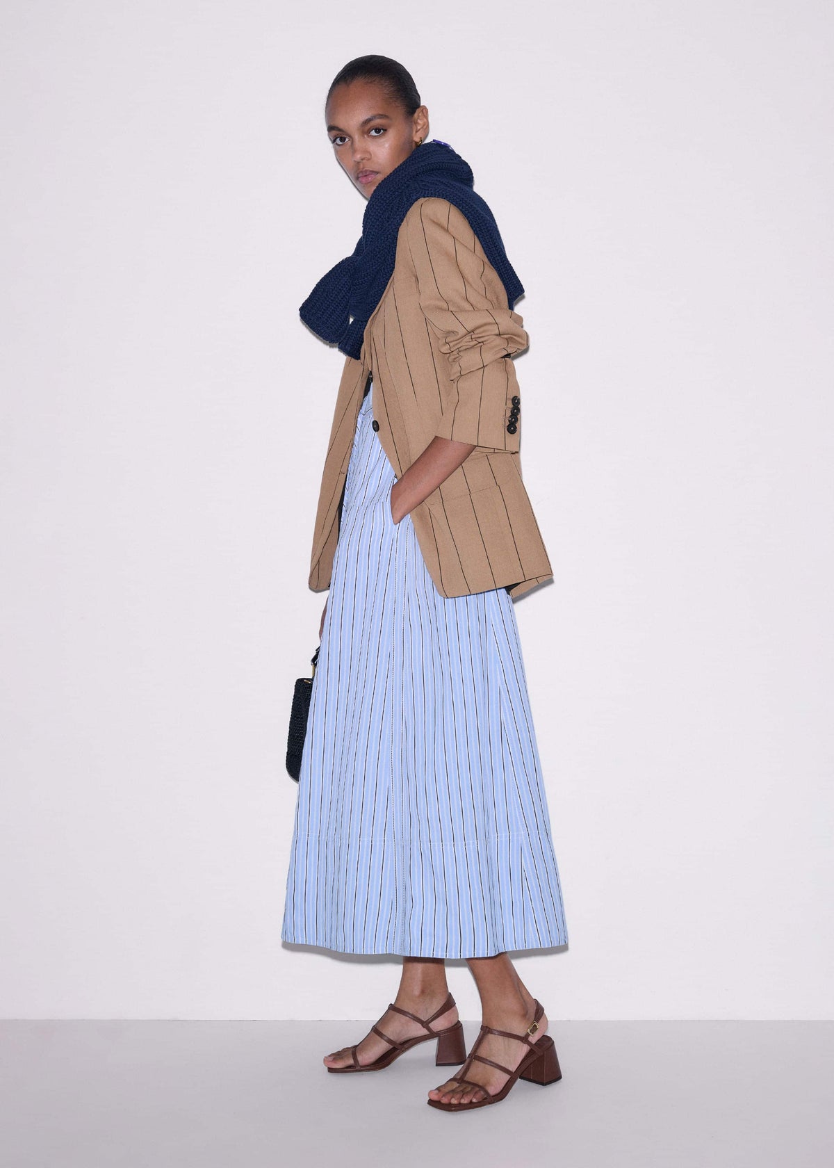 ME+EM Blue Drawstring Waist Zip Neck Maxi Shirt Dress