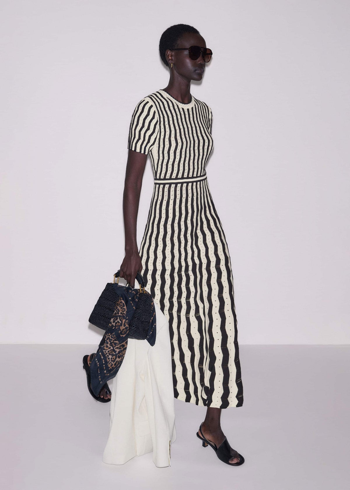 ME+EM Cream Textured Pointelle Knit Stripe Maxi Dress