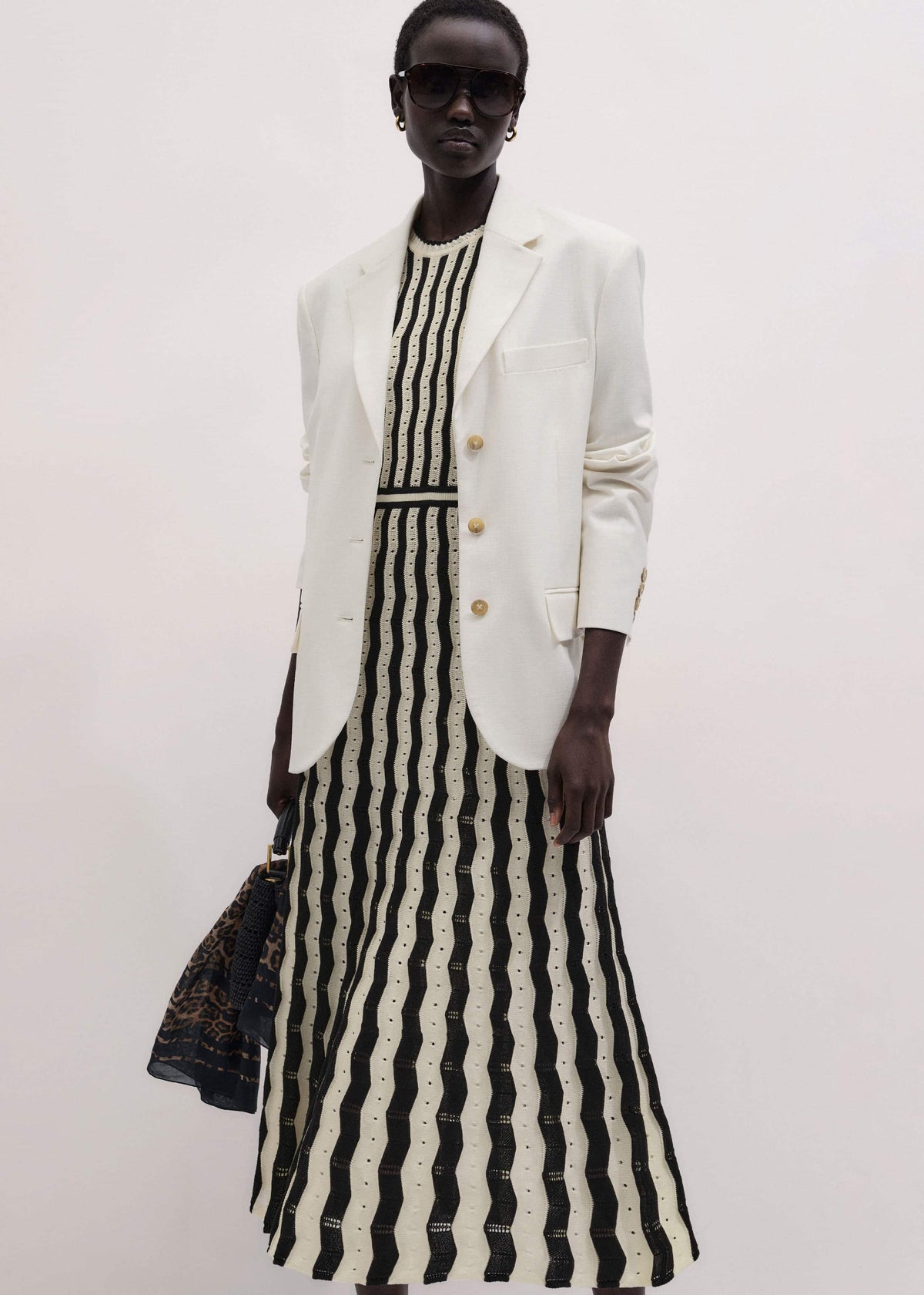ME+EM Cream Textured Pointelle Knit Stripe Maxi Dress