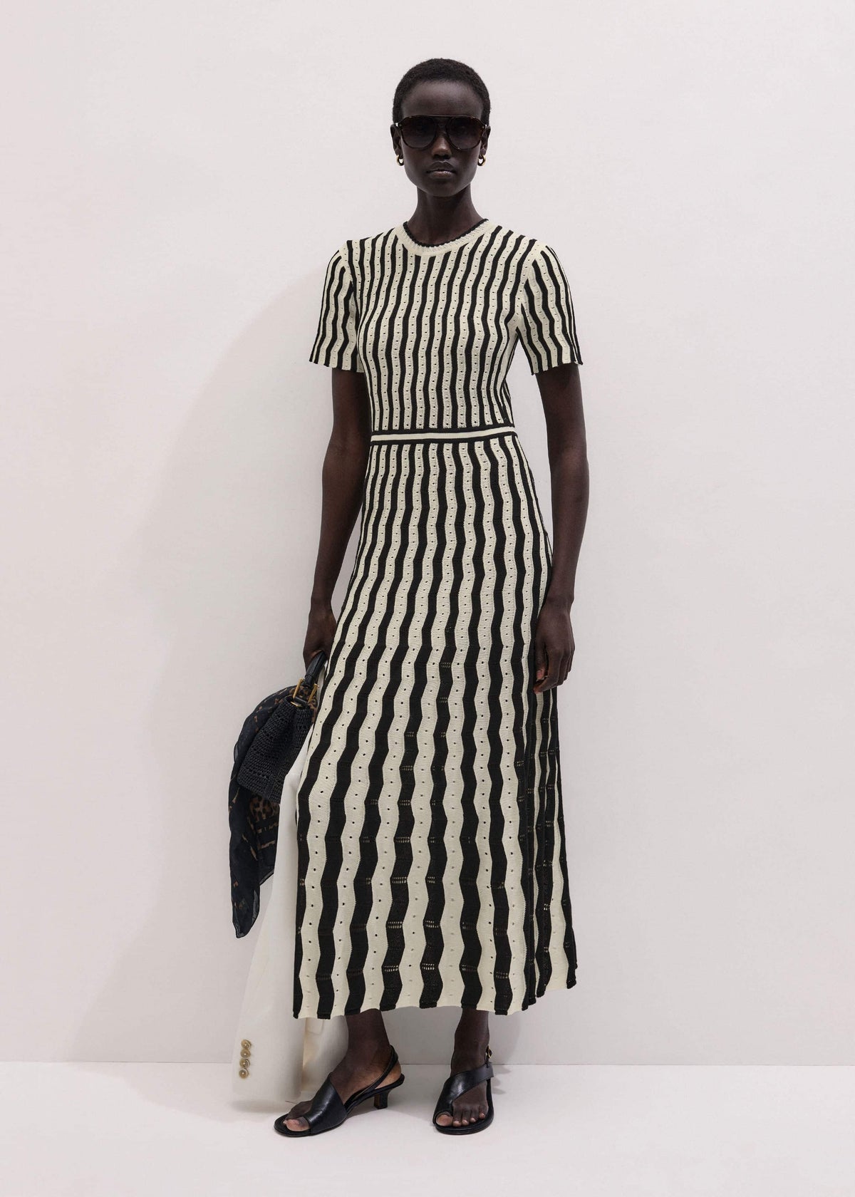 ME+EM Cream Textured Pointelle Knit Stripe Maxi Dress