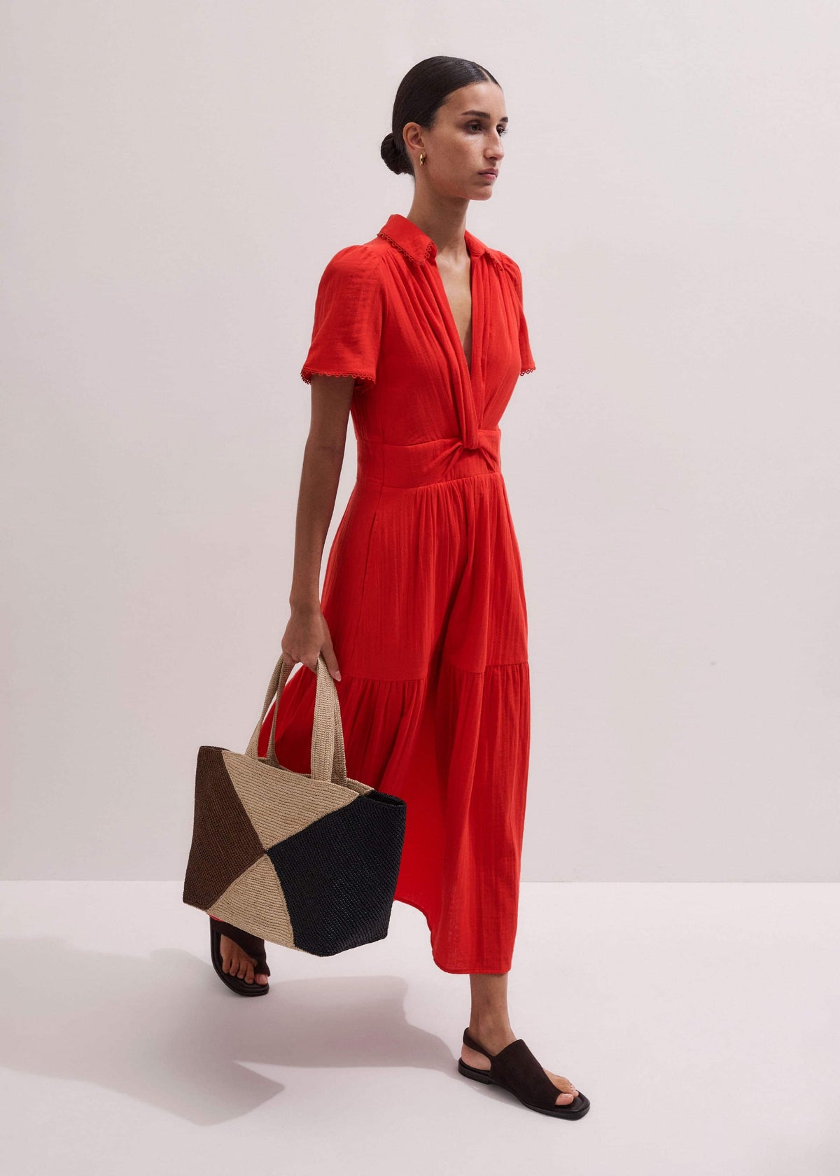 ME+EM Red Cheesecloth Twist Detail Fit + Flare Maxi Dress