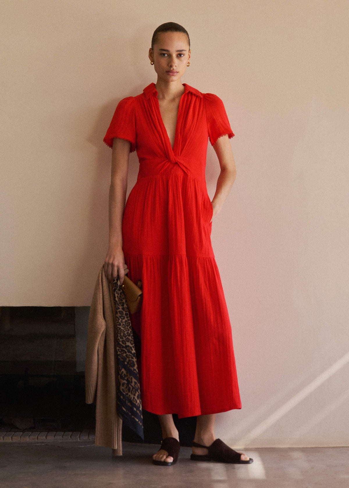 ME+EM Red Cheesecloth Twist Detail Fit + Flare Maxi Dress