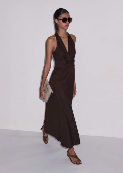ME+EM Brown Crease-Less Linen Twist Front Maxi Dress