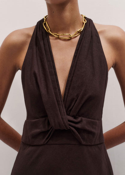 ME+EM Brown Crease-Less Linen Twist Front Maxi Dress