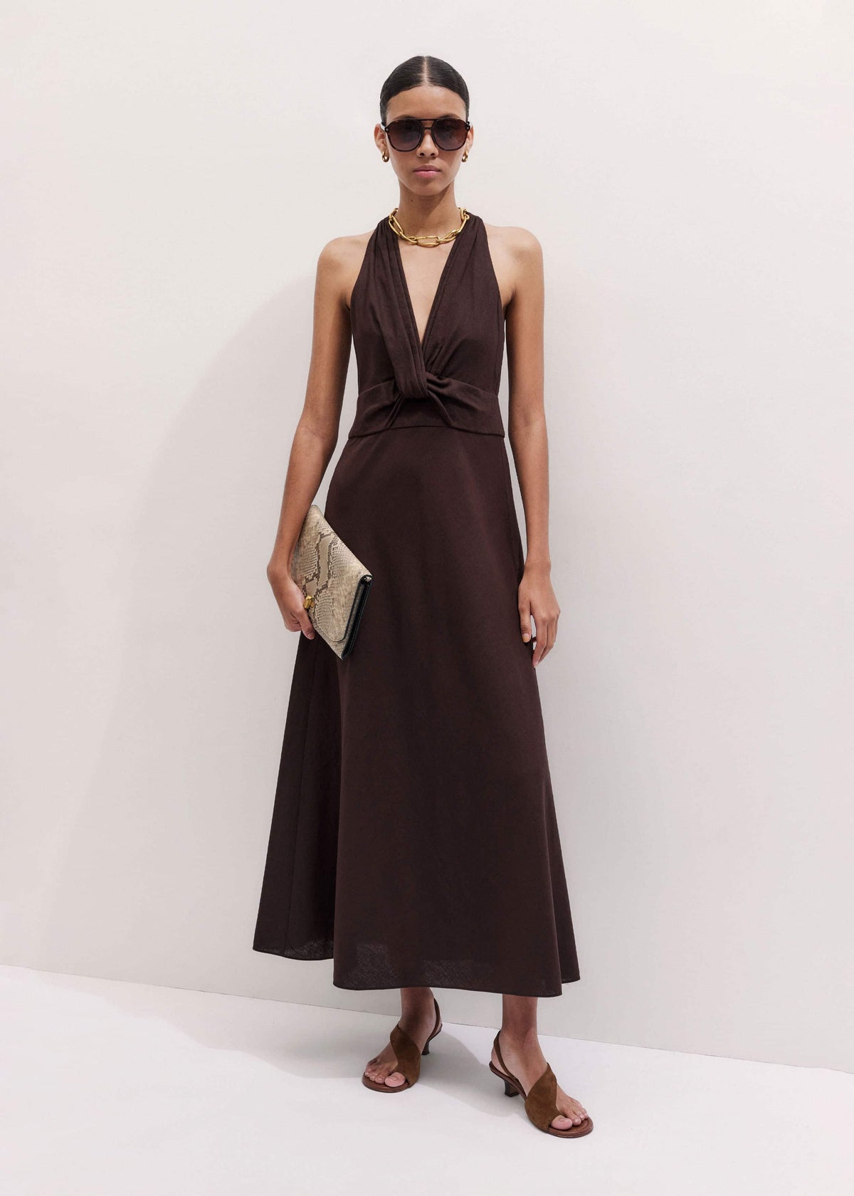 ME+EM Brown Crease-Less Linen Twist Front Maxi Dress