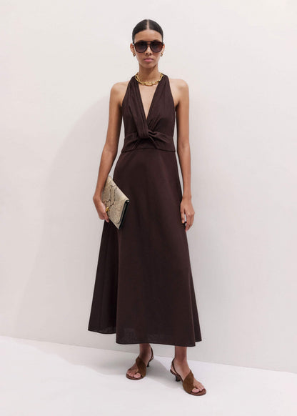 ME+EM Brown Crease-Less Linen Twist Front Maxi Dress