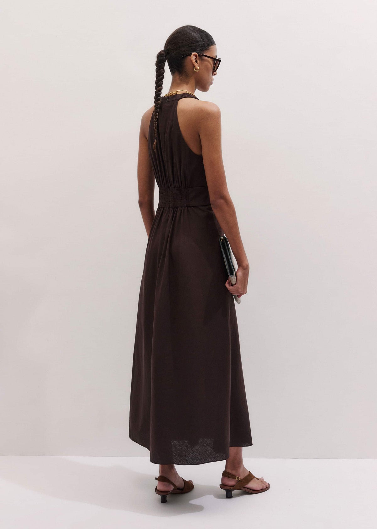 ME+EM Brown Crease-Less Linen Twist Front Maxi Dress