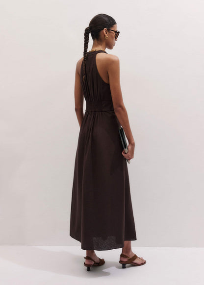 ME+EM Brown Crease-Less Linen Twist Front Maxi Dress