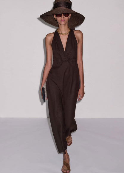 ME+EM Brown Crease-Less Linen Twist Front Maxi Dress
