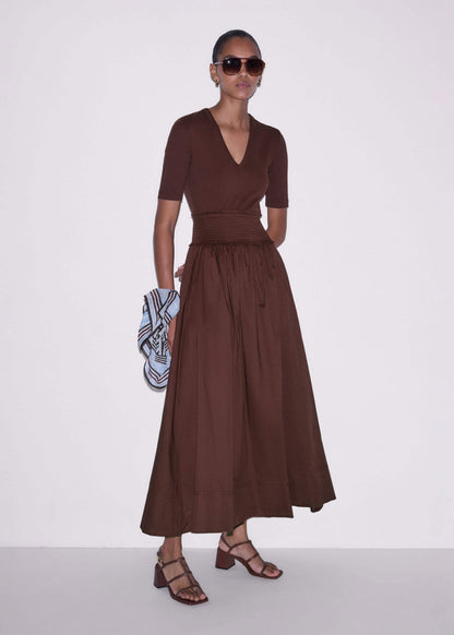 ME+EM Cinnamon V-Neck Smocked Skirt Mixed Media Maxi Dress