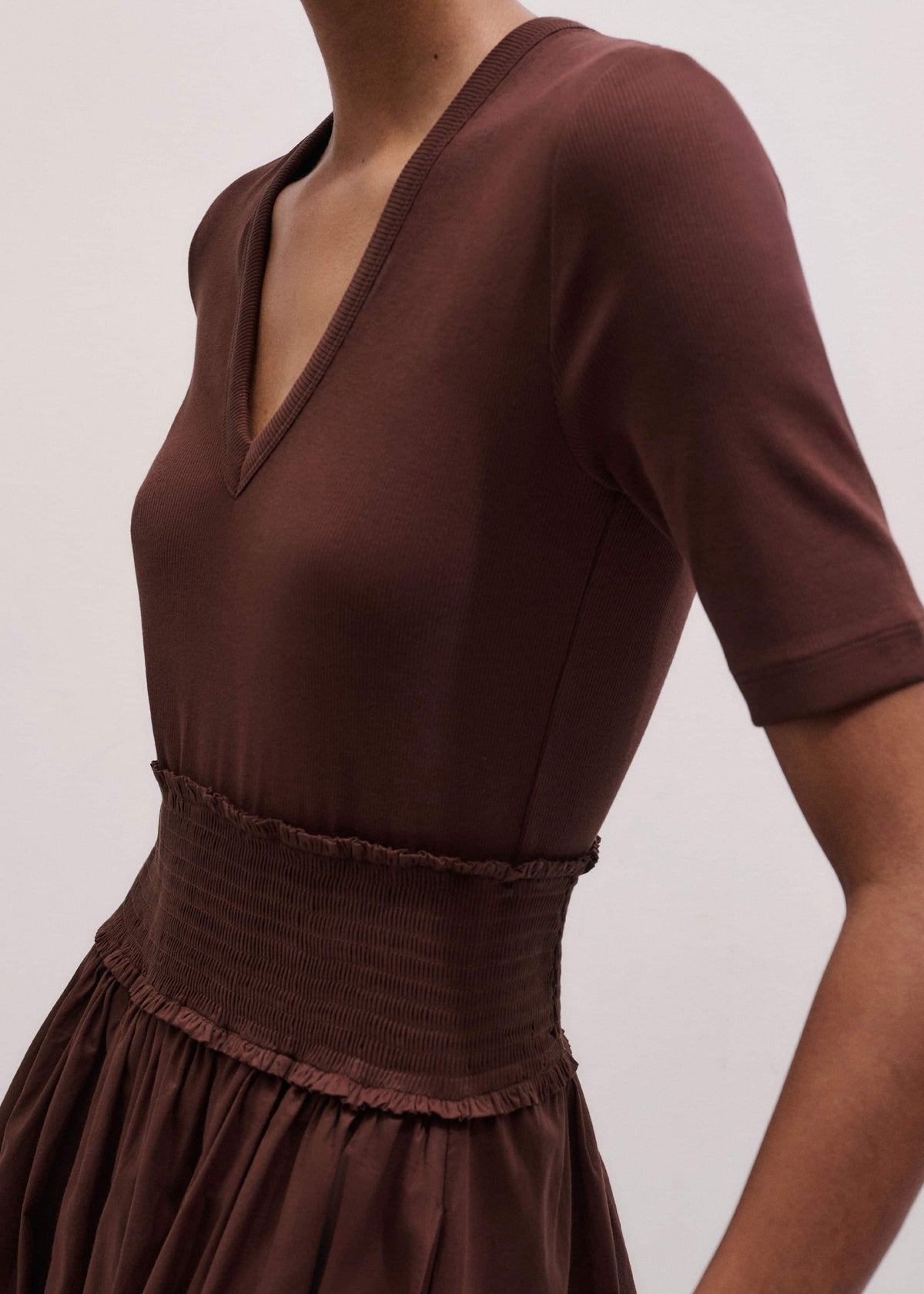 ME+EM Cinnamon V-Neck Smocked Skirt Mixed Media Maxi Dress