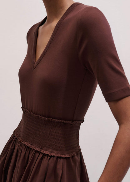 ME+EM Cinnamon V-Neck Smocked Skirt Mixed Media Maxi Dress