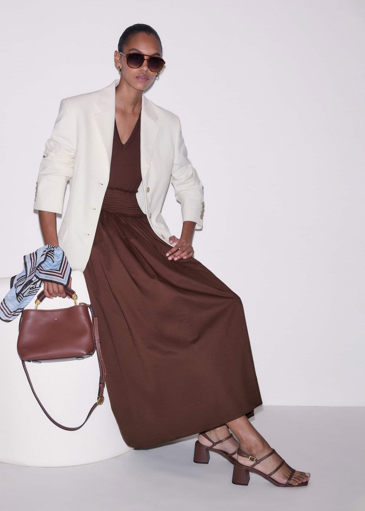ME+EM Cinnamon V-Neck Smocked Skirt Mixed Media Maxi Dress